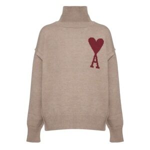 AMI Paris Alexandre Mattiussi Turtleneck Wool Sweater Size L Beige Red Heart